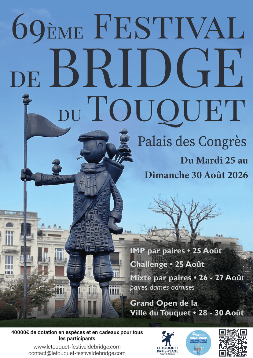 Affiche du 69ème Festival de Bridge du Touquet - 25 au 30 Août 2026